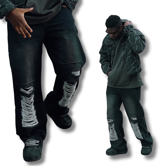 Men's Distressed Black Jeans - Picture 1 of 5